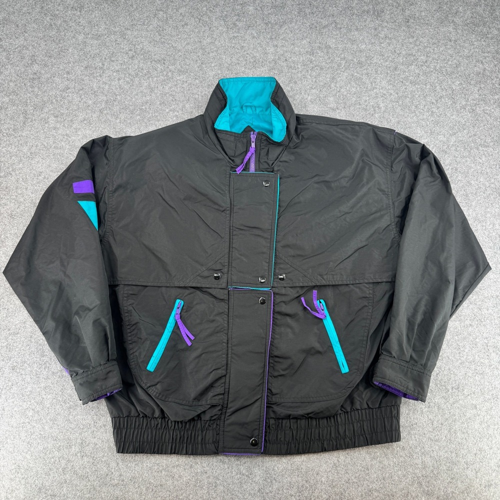 Cabin Creek Jacket Mens L Vintage 90s Windbreaker Black Teal Purple EUC